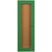 An Aarco green powder coated metal bulletin board cabinet with a glass door.