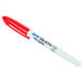 A red and white pen with a red tip.
