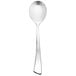 A close-up of a Chef & Sommelier stainless steel soup spoon with a silver handle.