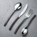 A close-up of a Chef & Sommelier stainless steel dinner fork and spoon.