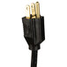 A black power cord with gold plugs attached to an Aarco lighted bulletin board cabinet.