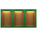 An Aarco green enclosed bulletin board cabinet with lights.