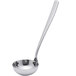 A close-up of an Arcoroc stainless steel sauce ladle with a black handle and white bowl.