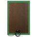 A rectangular brown board with a green frame and a hinged glass door with a black wire inside