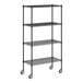 A black metal wire shelving unit with black casters.