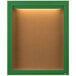 An Aarco green indoor enclosed bulletin board with a light.