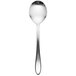 A close-up of a Chef & Sommelier stainless steel soup spoon with a long handle.