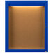 A blue framed cabinet with a light on it.