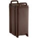 A dark brown plastic Cambro beverage dispenser with black handles.