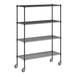 A black Regency wire shelving unit with wheels.