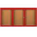 An Aarco brown rectangular cabinet with a red border and three glass doors.