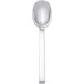 An Arcoroc stainless steel dessert spoon with a white handle on a white background.