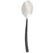 A Chef & Sommelier stainless steel dessert spoon with a black oak handle.