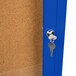 A blue Aarco bulletin board cabinet with a key in the lock.