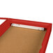 A red rectangular Aarco bulletin board cabinet with a white light inside.