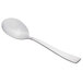 A Libbey stainless steel bouillon spoon with a silver handle on a white background.