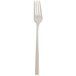 A silver fork with a white handle on a white background.