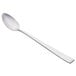 A stainless steel Libbey iced tea spoon with a white handle and silver tip on a white background.