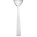 A Libbey stainless steel demitasse spoon with a white handle and silver spoon.