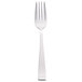 A silver fork with a white handle.