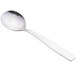 A close-up of a Libbey stainless steel bouillon spoon with a silver handle.