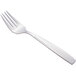 A silver fork with a white handle on a white background.