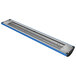 A long blue and silver curved rectangular food warmer with blue and grey lights.