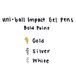 A white Uni-Ball Impact Gel Pen with gold accents writing on a white board.