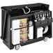 A black Cambro portable bar with bottles on it.