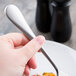 A person holding a Reserve by Libbey stainless steel dinner fork over a plate of food.