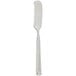 A silver butter spreader with a black handle.