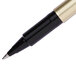 A close up of a black and gold Uni-Ball Deluxe pen.