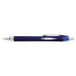 A close-up of a Uni-Ball Jetstream RT blue pen with silver trim and a silver clip.