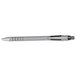 A close-up of a Paper Mate FlexGrip Ultra retractable ballpoint pen with a gray barrel and black tip.