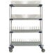 A MetroMax metal rack with three metal shelves.