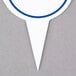 A Ketchum Manufacturing round deli sign spear with a blue and white border, with the word 'sales' written in blue.