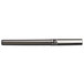 A Uni-Ball roller ball pen with a metallic gray barrel and silver trim.