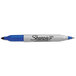 A close-up of a Sharpie permanent marker with fine and ultra-fine tips, with blue ink.