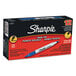A box of blue and white Sharpie markers with white text.