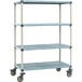 A blue metal MetroMax shelving unit with wheels.