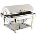 A silver and brass Bon Chef rectangle chafing dish with a lid.