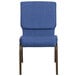 A blue church chair with a gold vein frame and wooden legs.
