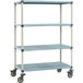 A blue metal MetroMax i shelving unit with wheels.