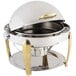 A Bon Chef stainless steel chafer with brass accents and a vented lid.