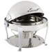 A stainless steel round Bon Chef chafing dish with a lid.