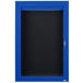 A blue aluminum message center with a black door and key lock.