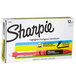 A box of Sharpie pink highlighter pens with a black label.