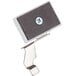 A close-up of a Swing-A-Way Wall Mount Can Opener metal piece with a blue button.