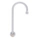 A close-up of a silver Fisher wall mount faucet with a round hole and a metal gooseneck nozzle.