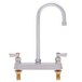 A silver Fisher deck-mounted faucet with 8" centers, swivel gooseneck nozzle, and lever handles.